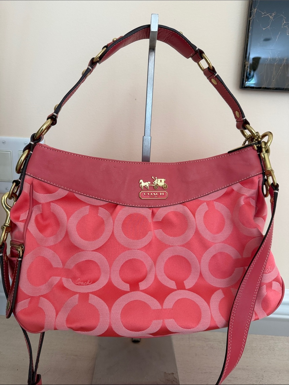 Coach Coral Pink Signature Shoulder Bag with Gold Hardware